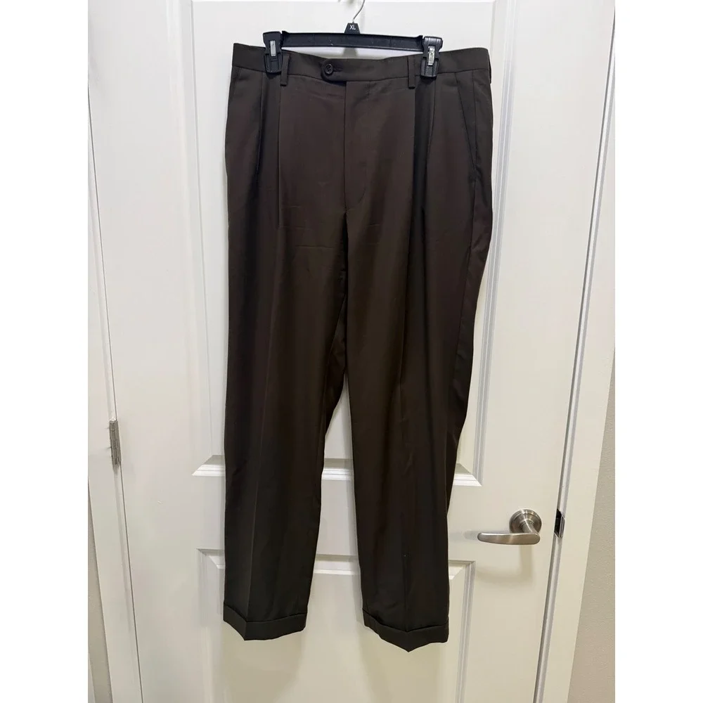 Zante Mens Pleated Dress Pants Brown Cuffed Hem Size 34 Business Slacks